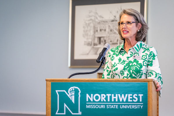 Leisha Barry addresses the Foundation Board of Directors during its July session on the Northwest campus. 