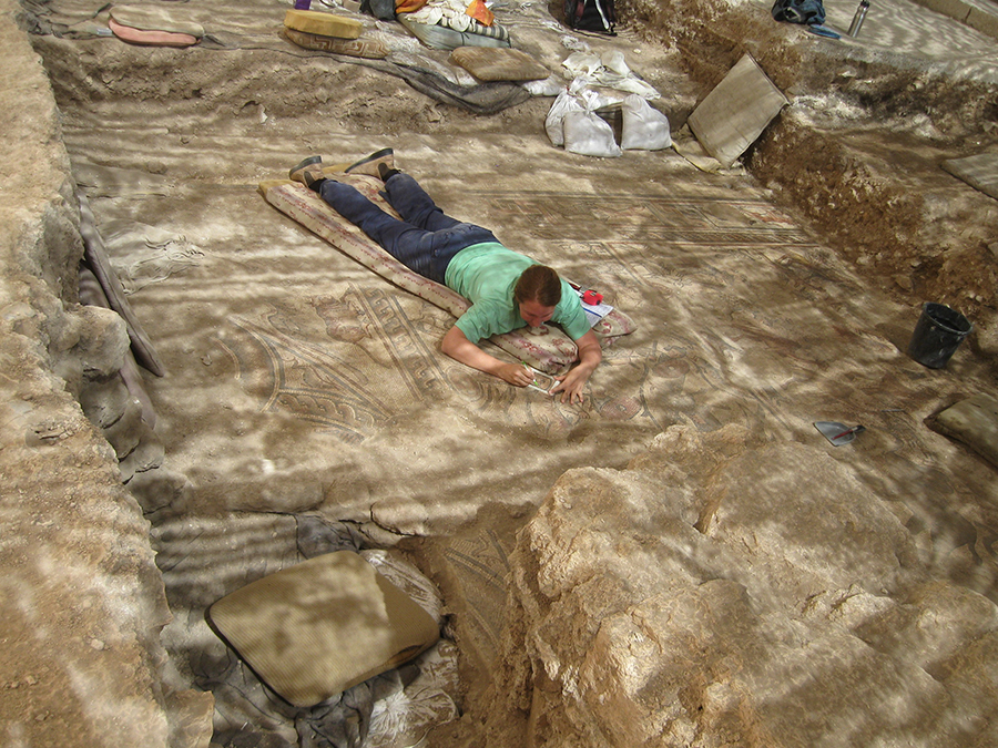 Dr. Karen Britt is pictured working on mosaics at Huqoq. (Submitted photo by Jim Haberman)