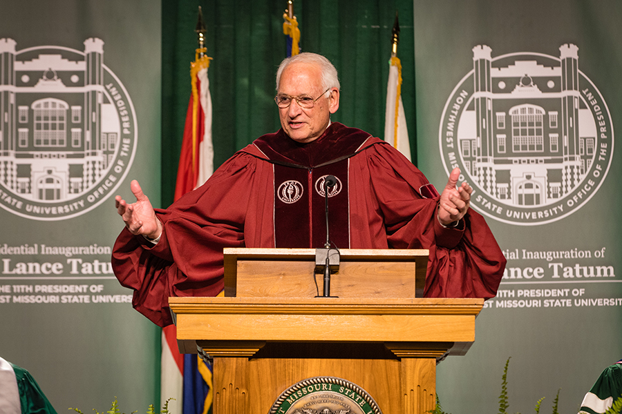 Dr. Jack Hawkins Jr., the chancellor of Troy University, delivered the ceremony's keynote address. (Photo by Lauren Adams/Northwest Missouri State University)