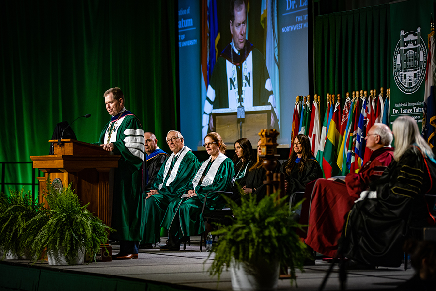 Dr. Lance Tatum presented his inaugural address to an audience in Bearcat Arena. (Photo by Todd Weddle/Northwest Missouri State University)