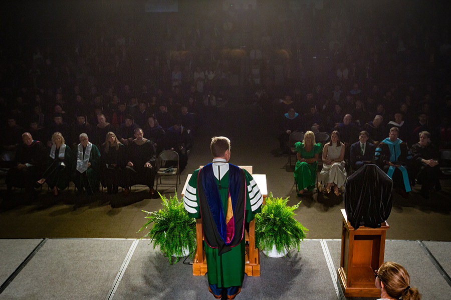 Dr. Lance Tatum delivered his inaugural address to an audience in Bearcat Arena. (Photo by Todd Weddle/Northwest Missouri State University)