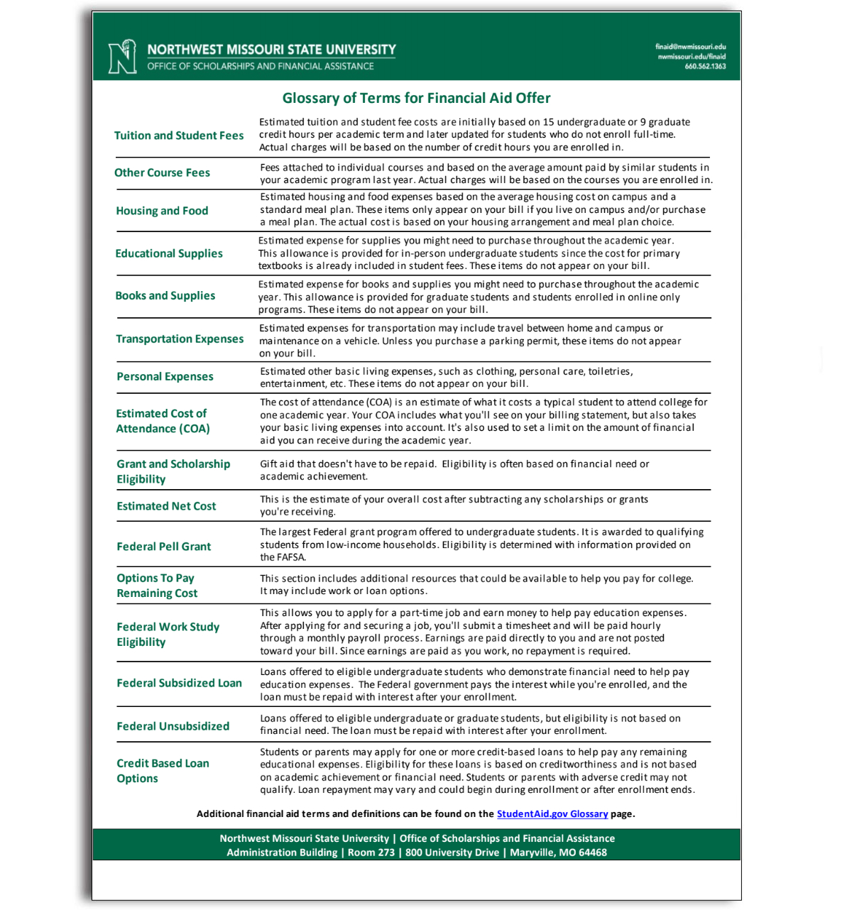 Financial Aid offer letter example page 2
