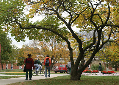 Students walk through the Northwest campus during the fall. 