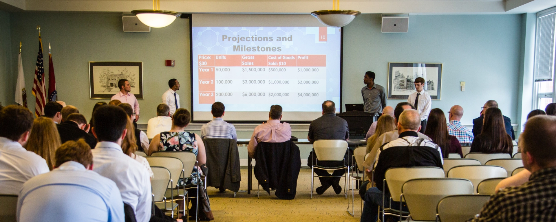 A group of attendees seated in chairs facing a projection screen displaying content about projections and inflation during a presentation at Northwest Missouri State University
