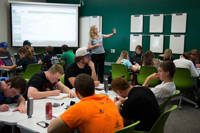 Associate Professor of Marketing Dr. Deb Toomey leads a class session in Colden Hall. Northwest's Melvin D. and Valorie G. Booth School of Business, which is housed in Colden Hall, recently achieved reaccreditation with the Accreditation Council for Business Schools and Programs. (Photo by Todd Weddle/Northwest Missouri State University)