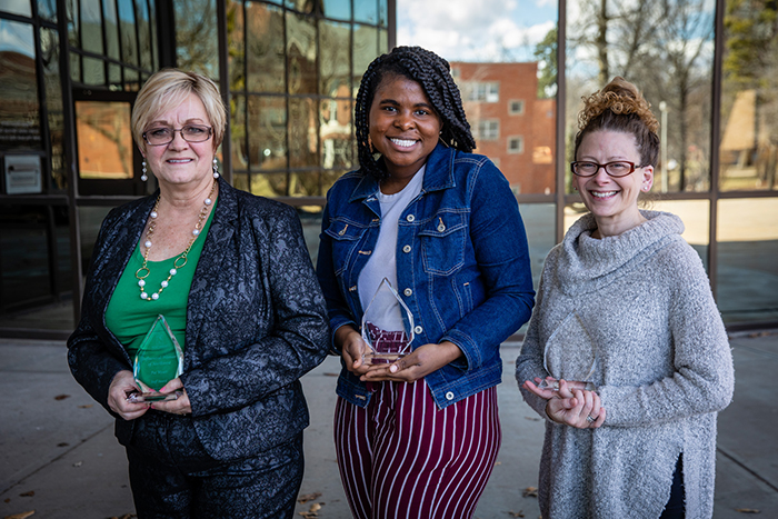 Northwest celebrated its "Influential Women" Friday. Left to right, Pat Wyatt, Bryana Jones and Kat Bilbo received the awards for staff, students and faculty, respectively. (Photo by Todd Weddle/Northwest Missouri State University)