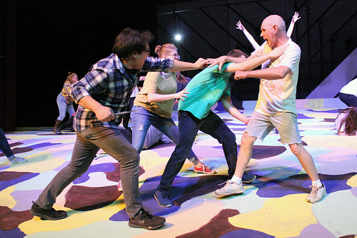 Northwest students practice stage fighting in a rehearsal for Shakespeare’s “Macbeth.” The play takes the stage April 11-14 at the Ron Houston Center for the Performing Arts. (Submitted photo)