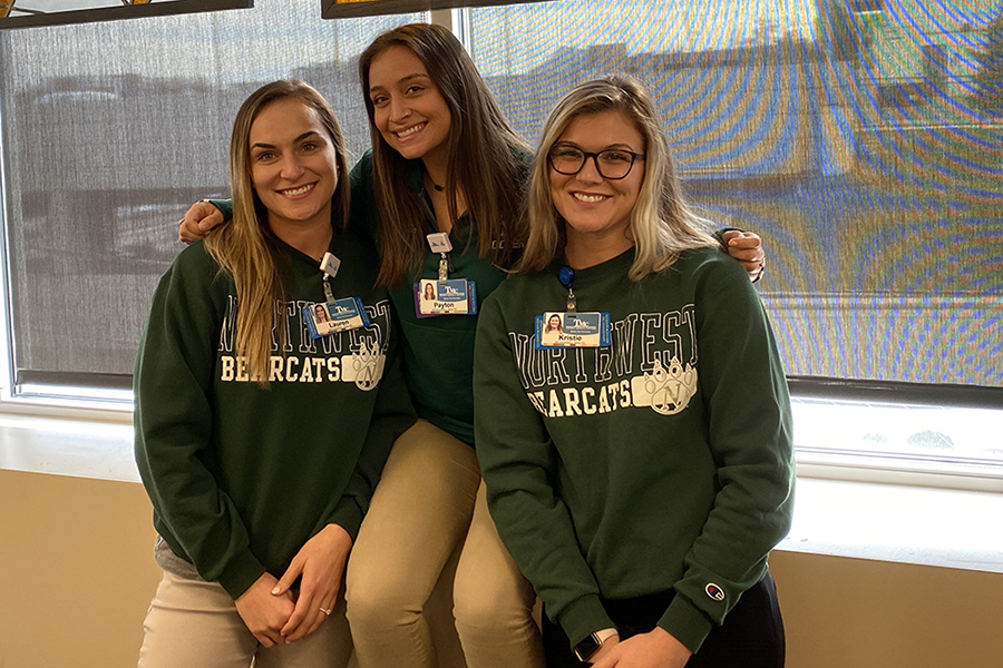 Left to right, Lauren Farnsworth, Payton McGee and Kristie Parrish share their Bearcat pride and their therapeutic recreation skills in their roles at Truman Medical Center's New Frontiers outpatient program. (Submitted photo)