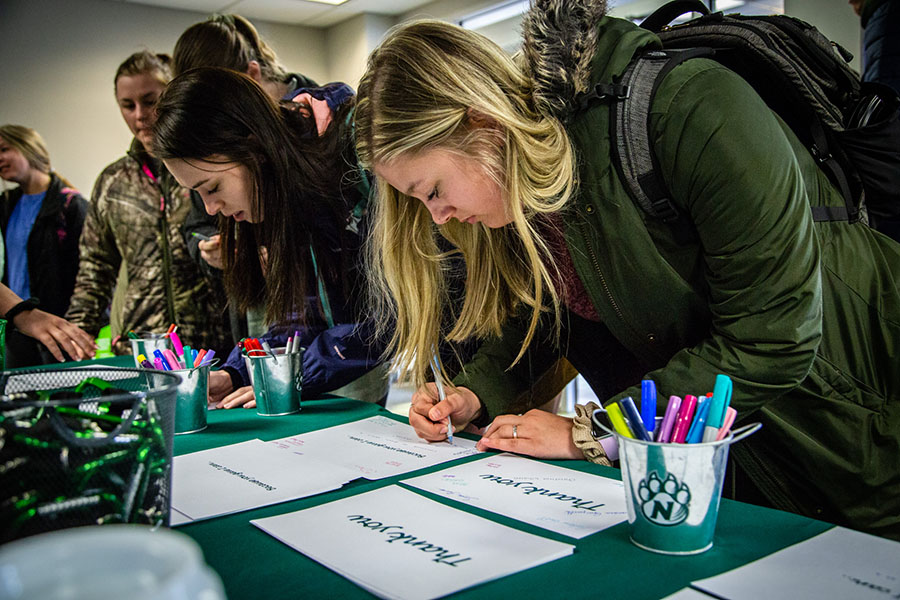 Northwest students signed postcards to thanks donors during the University's Thank a Donor Day last year. This year, Northwest is encouraging the Northwest community to share virtual expressions of their gratitude for donor support. (Photo by Brandon Bland/Northwest Missouri State University)