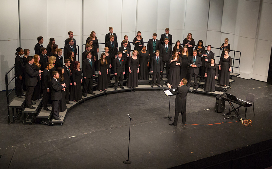 The Tower Choir, pictured above during 2016 concert, will perform April 18 for an online audience. The University Chorale also will perform as three small ensembles. (Northwest Missouri State University photo)