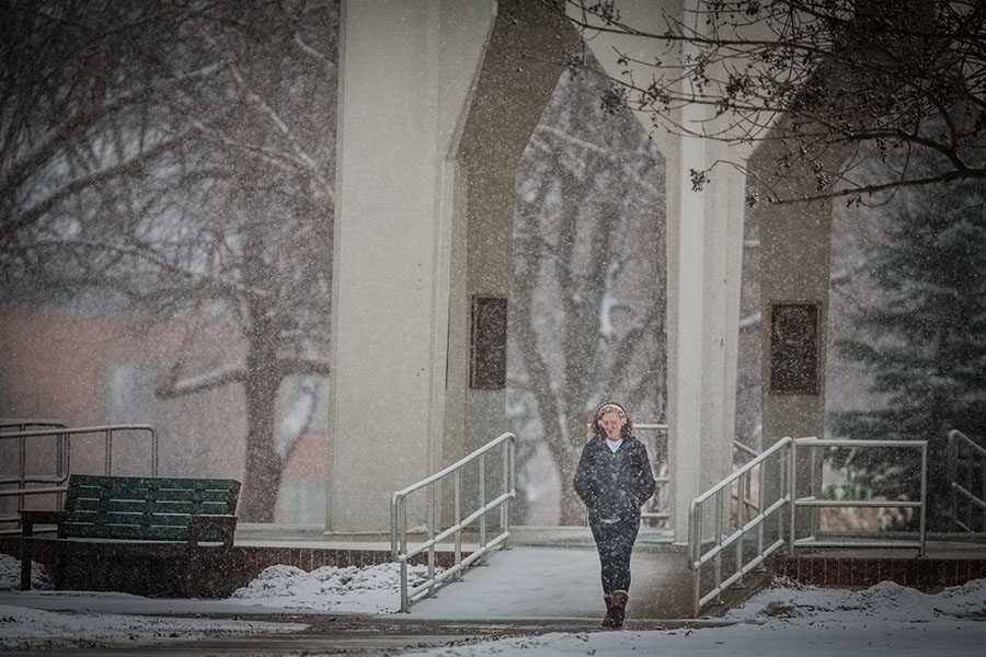 Pictured above, snow showered the grounds around the Memorial Bell Tower last February. With the onset of colder temperatures and winter months, Northwest reminds its campus community to take precautions for winter weather. (Northwest Missouri State University photo)