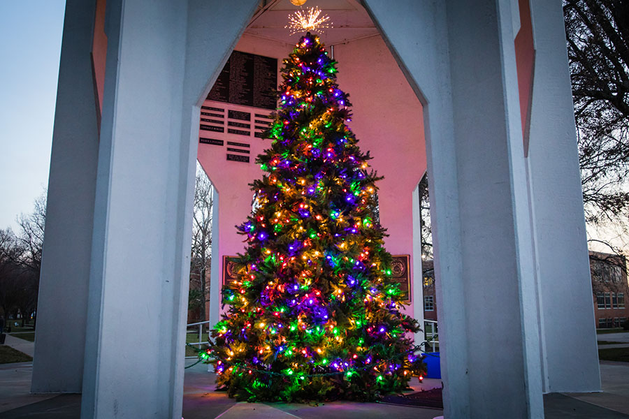 Northwest's Holiday Tree Lighting stands at the Memorial Bell Tower as a symbol of joy and calm during the holiday season. (Photos by Brandon Bland/Northwest Missouri State University)