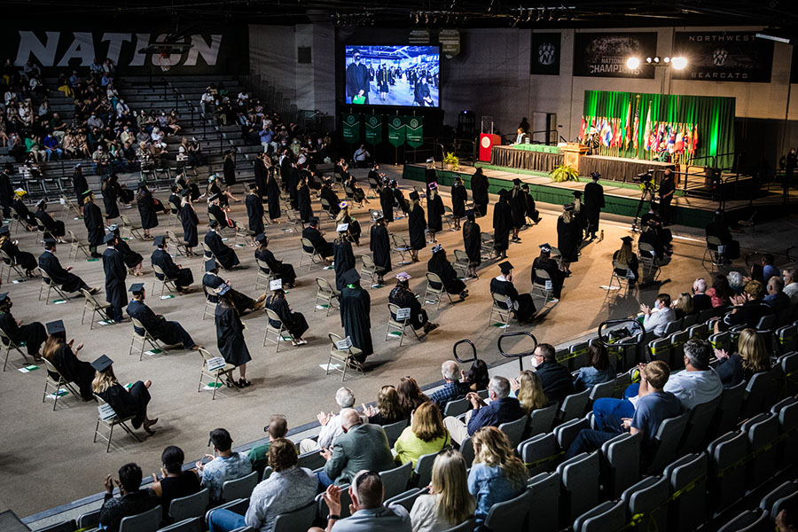 Northwest hosted eight socially distanced commencement ceremonies May 6-8 in Bearcat Arena with COVID-19 mitigation measures in place.  (Photo by Brandon Bland/Northwest Missouri State University)