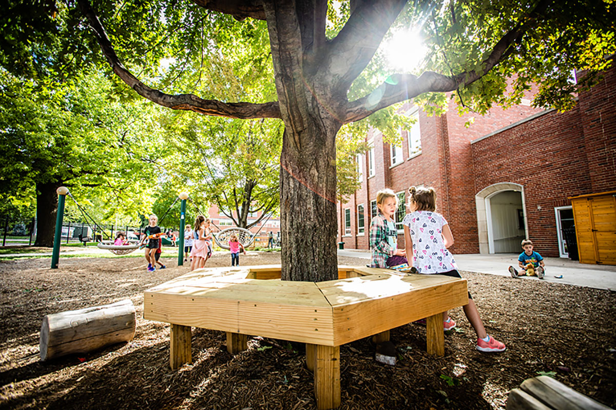 Horace Mann Laboratory School students use the outdoor classroom outside Everett Brown Education Hall. The space, which opened in 2018, is now certified as a Nature Explore Classroom. (Northwest Missouri State University photos) 