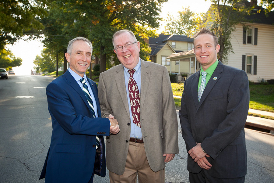 President Jasinski and Northwest began a partnership in 2012 with the city of Maryville, represented by then-Mayor Glenn Jonagan ’87 and City Manager Greg McDanel ’02, to transform Fourth Street into an inviting link from downtown to the campus entrance.