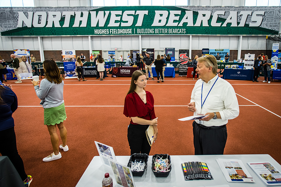 Career Day brings a variety of employers to the Northwest campus each semester, giving students an opportunity to discuss internship and full-time employment opportunities. (Northwest Missouri State University photos) 