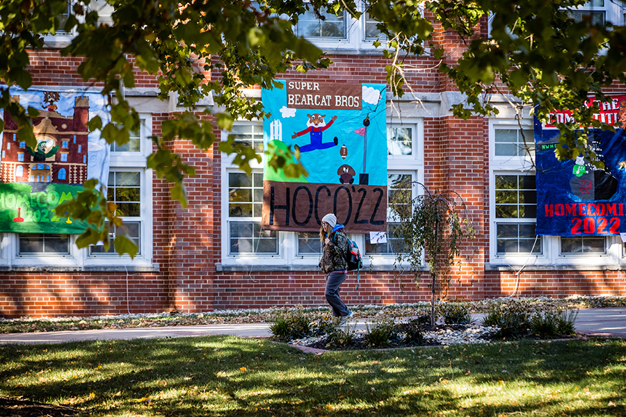 Banners created by student organizations hang from the J.W. Jones Student Union during Homecoming week. (Northwest Missouri State University photo) 