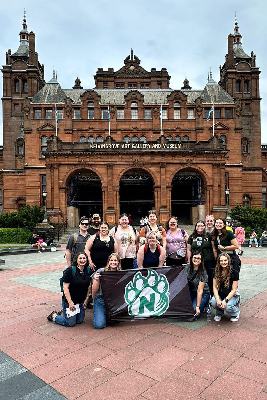 Northwest students posed for a photo in front of the Kelvingrove Art Gallery and Museum in Glasgow, Scotland, during their study abroad experience to the region last spring. 