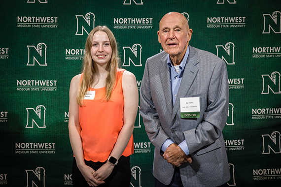 Angeline Parker (left) is pictured with Jim Skelton, son of Luther Skelton, at Northwest's Powering Dreams celebration of donors and scholars in September. (Northwest Missouri State University photo)