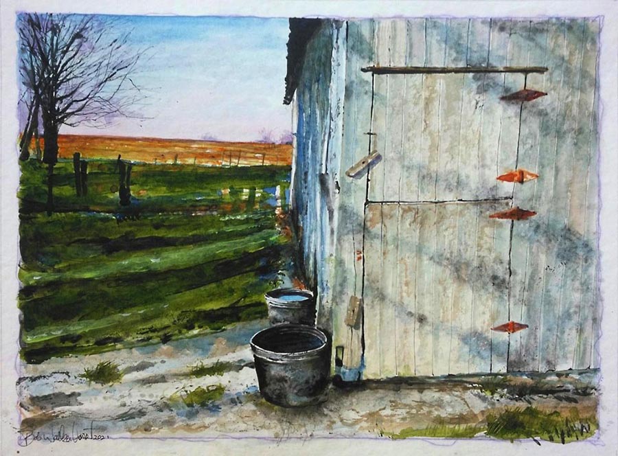 Bob Walkenhorst's paintings connect to the songs he writes and feature scenes of farmland, woods, people from the Midwest and his hometown.