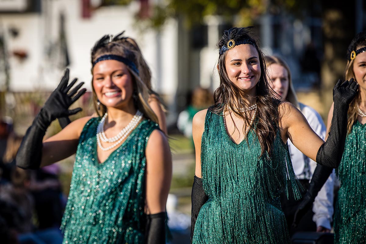 Alpha Sigma Alpha claimed the prizes for Overall Parade Winner and Homecoming Supremacy Winner. The sorority performed as 1920s flappers in the parade's dancing clowns contest. (Photo by Lilly Cook/Northwest Missouri State University)