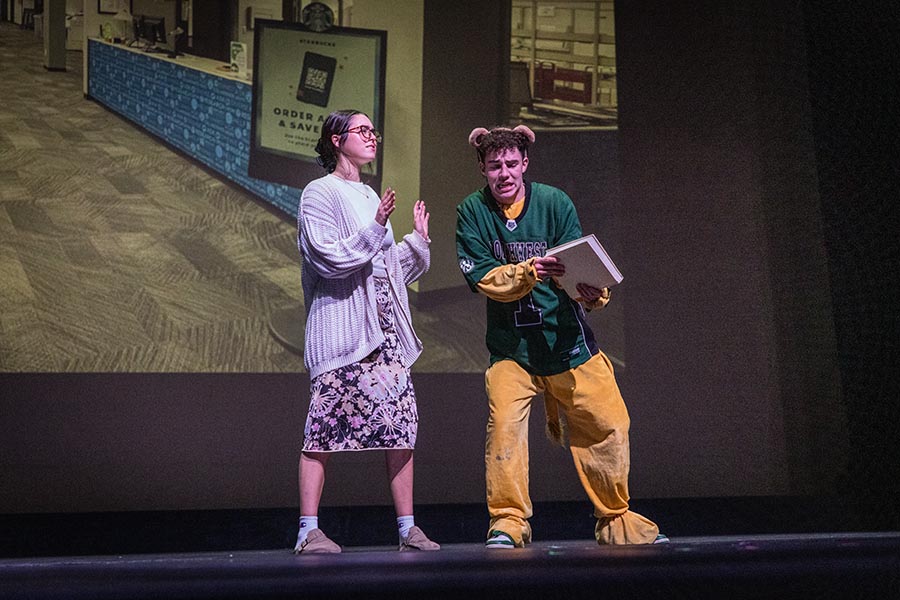 Phillip Motazedi, right,  was honored for the second consecutive year with the People's Choice Award as the Best Skit Actor for his portrayal of Bobby Bearcat. (Photo by Lilly Cook/Northwest Missouri State University)