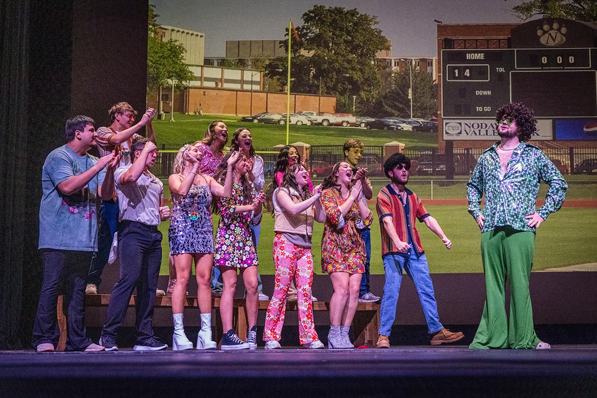 Sigma Sigma Sigma and Sigma Phi Epsilon performed their skit, “The Legend of Bobby Bearcat’s Groove,” as Northwest students entertained an audience during the annual Homecoming Variety Show at the Ron Houston Center for the Performing Arts. (Photo by Lilly Cook/Northwest Missouri State University)