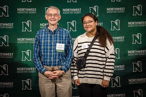 Emma Eastin (right) is pictured with Clark Israel, a son of Lewis and Elda Israel, at Northwest's Powering Dreams celebration of donors and scholars in September. (Northwest Missouri State University photo)