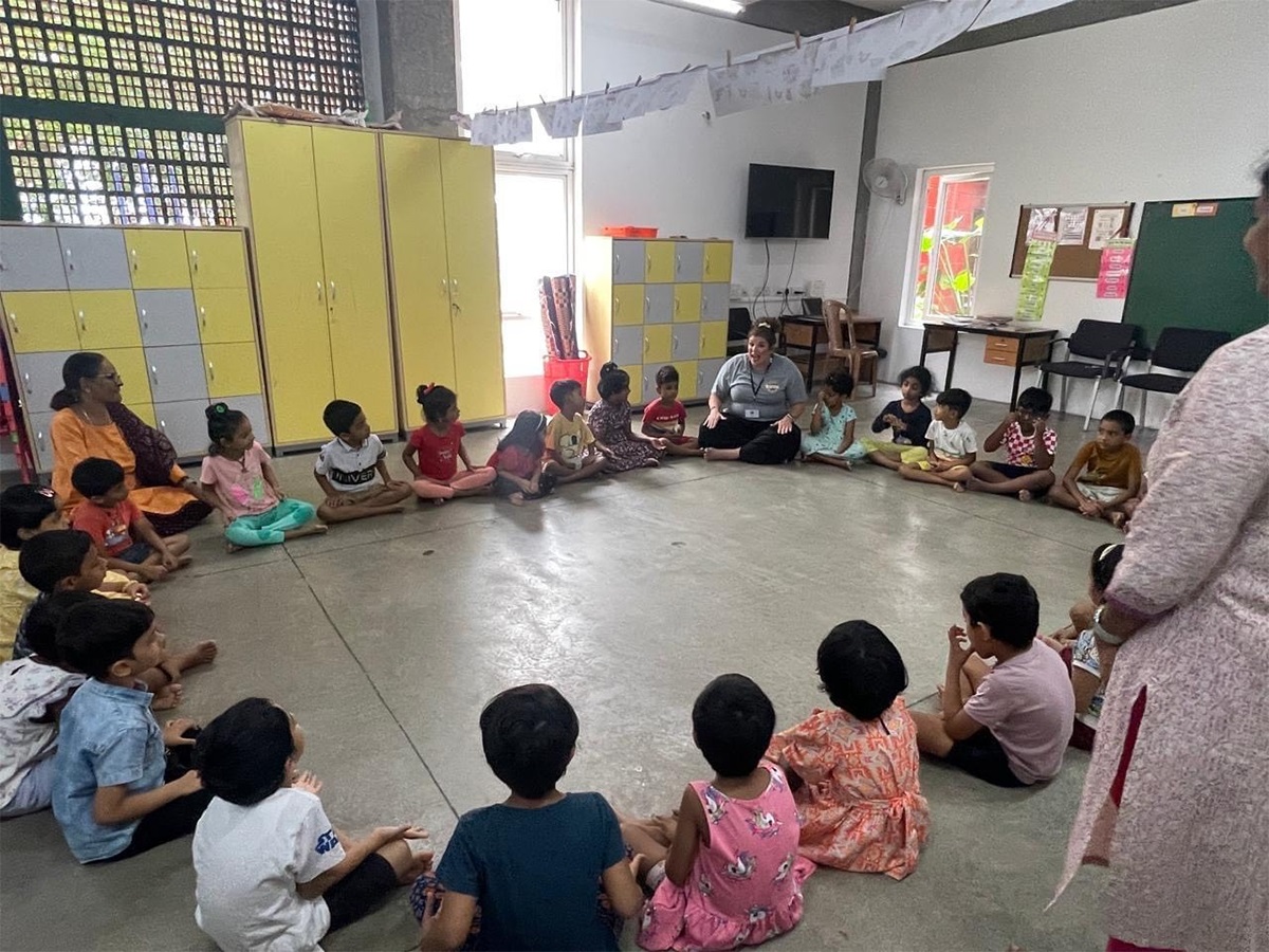 Heisterkamp, an elementary music teacher in Omaha, Nebraska, observed varying classroom environments in India and led music games and activities for a kindergarten class. (Submitted photo)