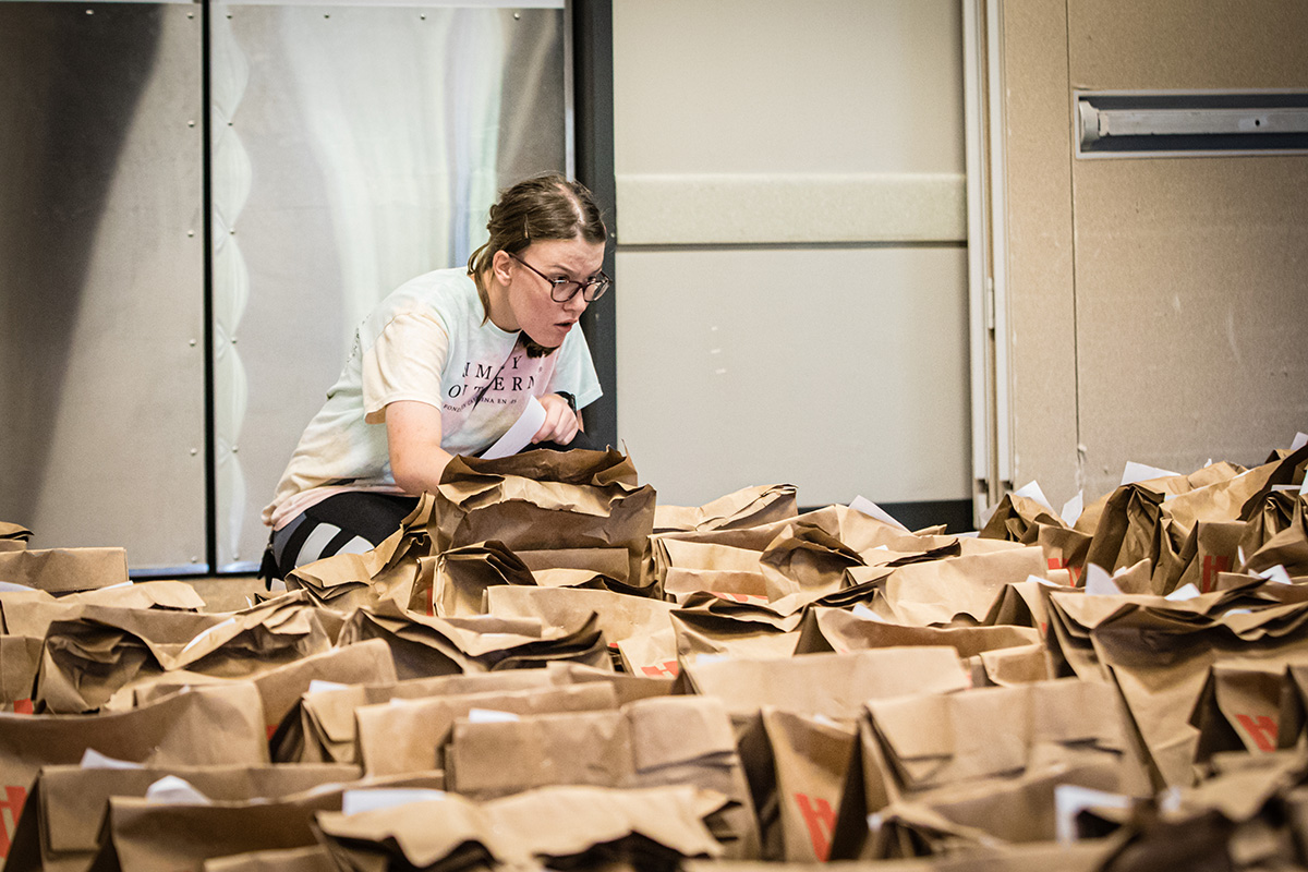 A student picks up textbooks for the start of the academic year at Northwest. (Photo by Chandu Ravi Krishna/Northwest Missouri State University)