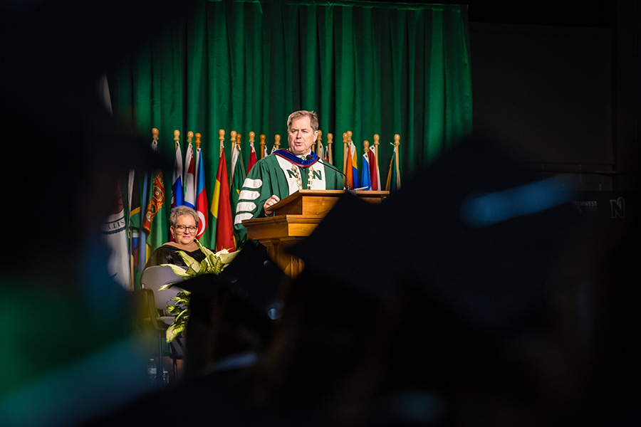 Northwest President Dr. Lance Tatum addresses graduates and their families during the University's winter commencement ceremonies. (Photo by Todd Weddle/Northwest Missouri State University)